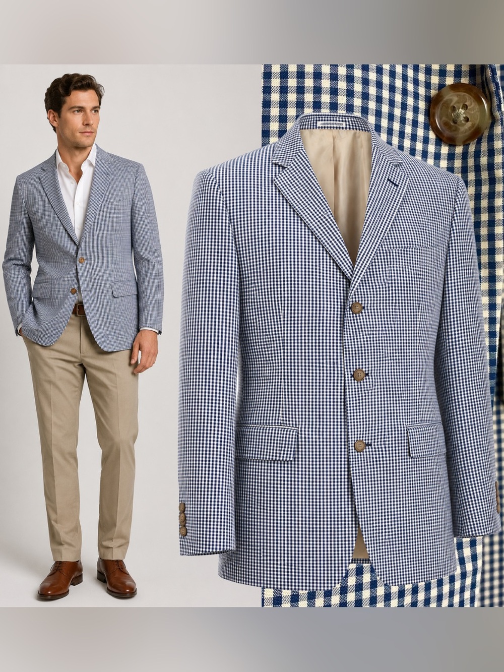 Orvis Navy Beige Gingham Check 3 Button Sport Coat Blazer Cotton Preppy Size 46R